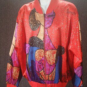 Vintage Picasso-Style Art Print Bomber Jacket – Red Abstract Face Motif